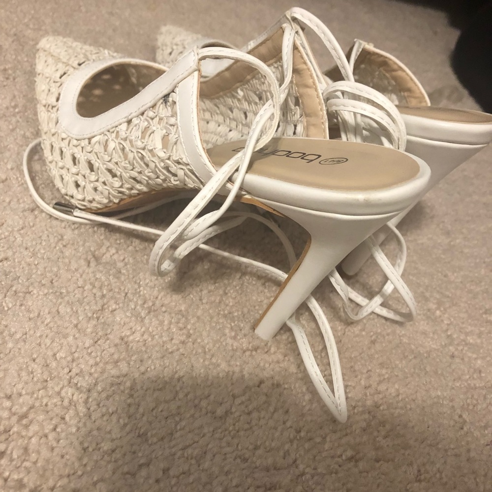 White Pointed Toe Boho Heel With Ankle Tie
